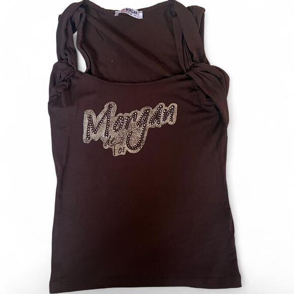 Morgan de Toi Paris Y2K Brown Rhinestone Logo Stretch Top Size XS France - Picture 6 of 8